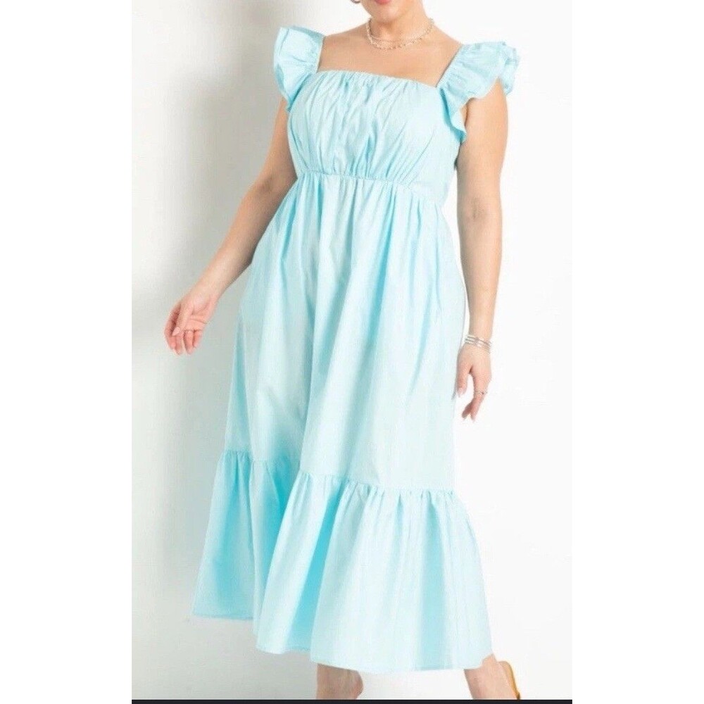 Eloquii Flutter Sleeve Tiered Bohemian Blue Midi Dress Size 14 Cottagecore